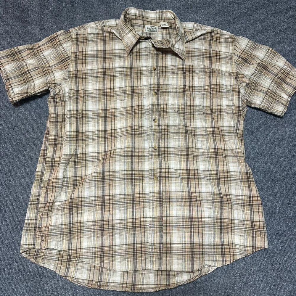 LL Bean‎ Mens XL Regular Short Sleeve Plaid Button Down Shirt Tan Brown Cotton